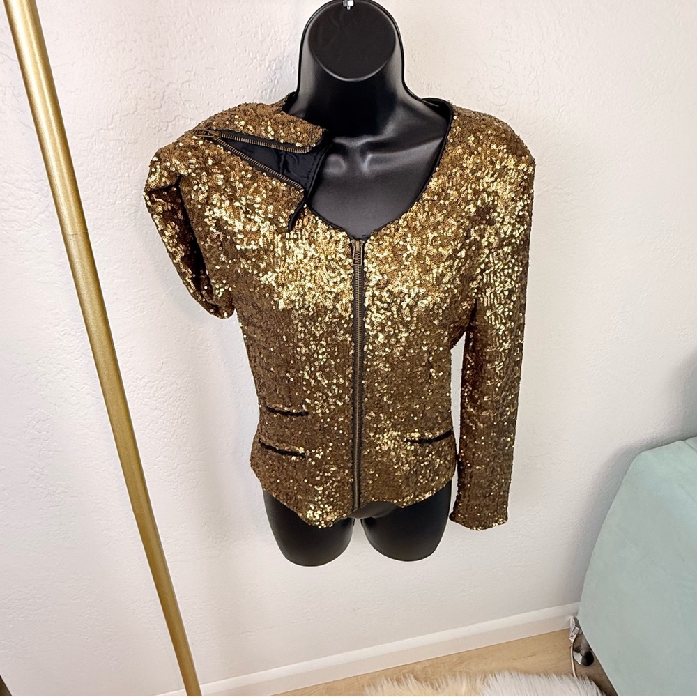 VINTAGE W118 by Walter Baker Gold/Bronze‎ Sequin Zip Moto Jacket Size S Pristine